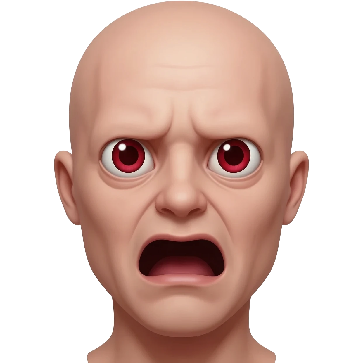 Wide bloodshot eyes with open drooling mouth and bald deformed head emoji