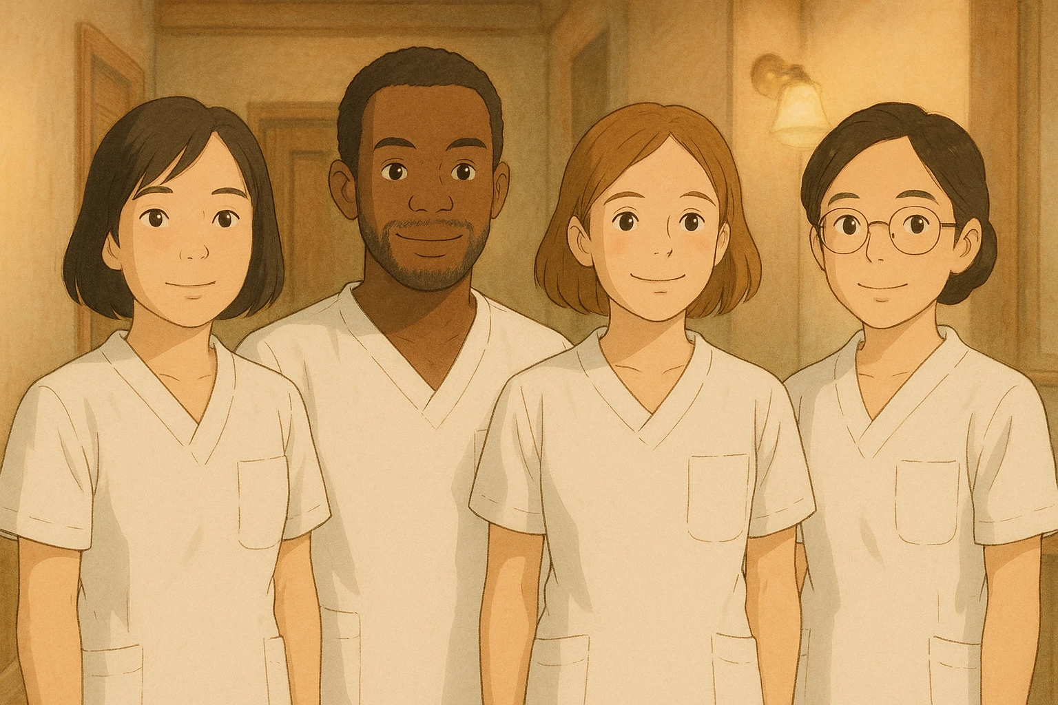 Four nursing students standing side by side, inspired by four referenced faces, wearing white short-sleeve uniforms without collars, no undershirts or stethoscopes. Medical tunic tops with V-neck and left chest pocket. Warm indoor ambiance, Ghibli style. emoji