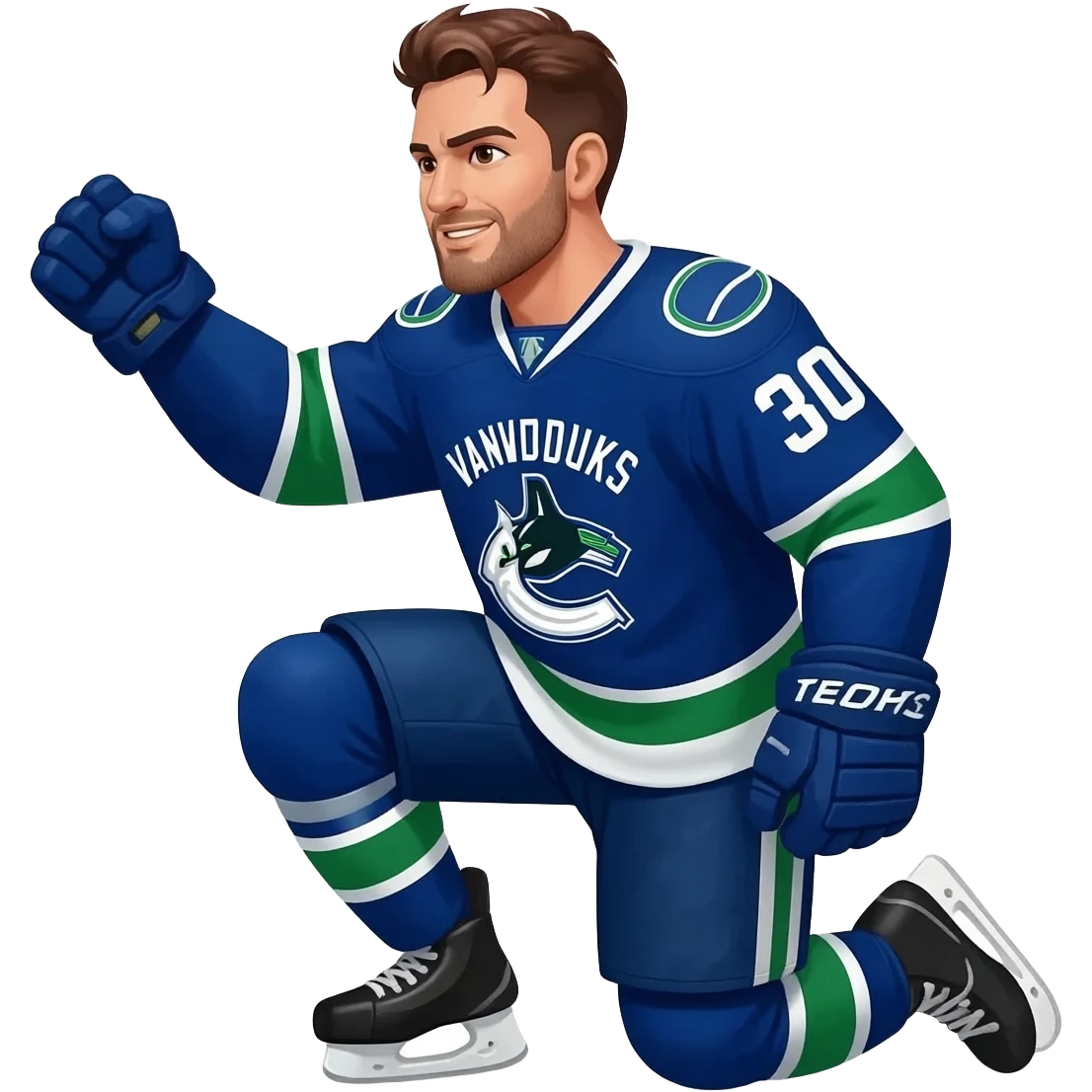 Vancouver Canuck player Celebrating a goal siding on one knee with a fist pump emoji