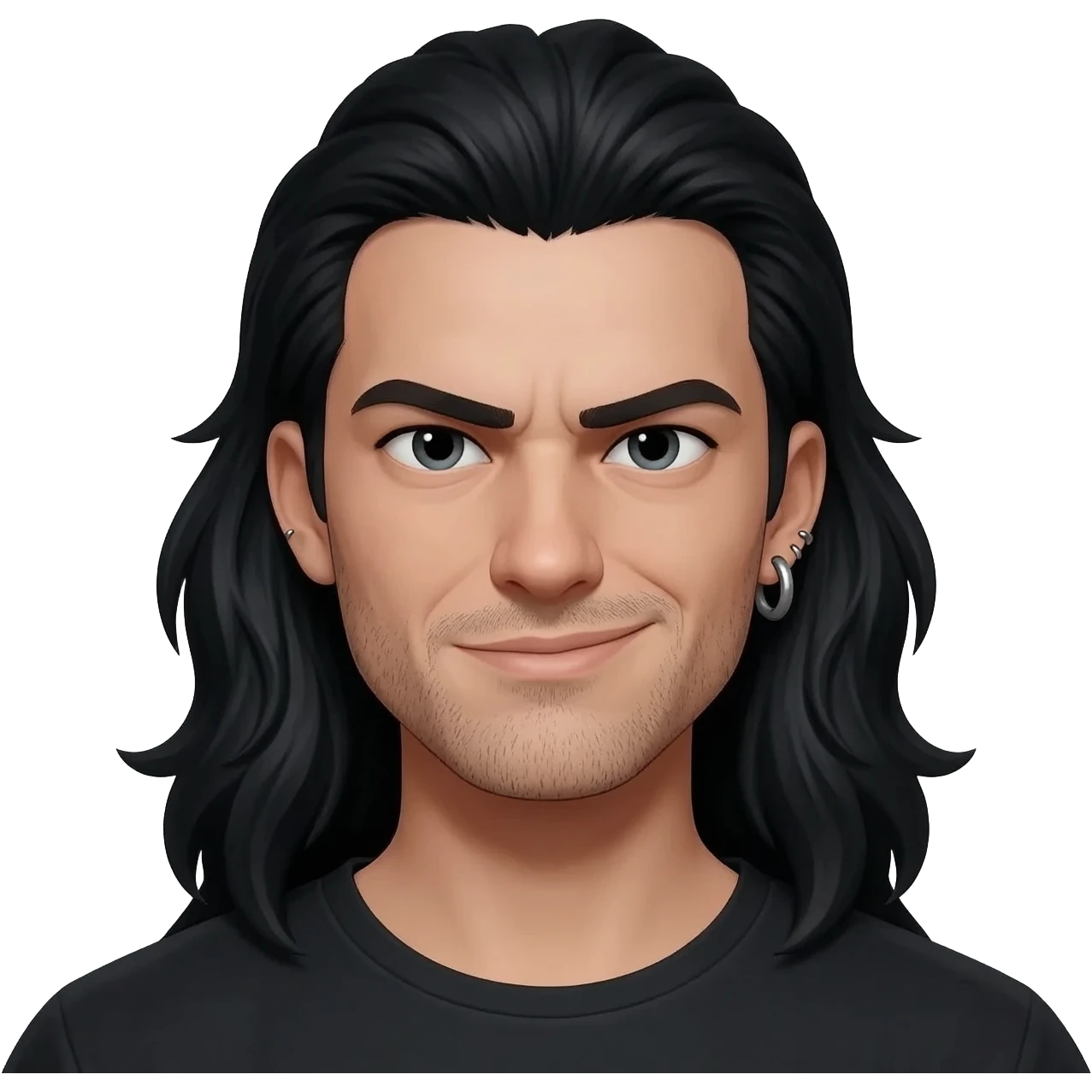 Long, flowing black hair, an ear gauge/plug, and a calculated, condescending smirk. emoji