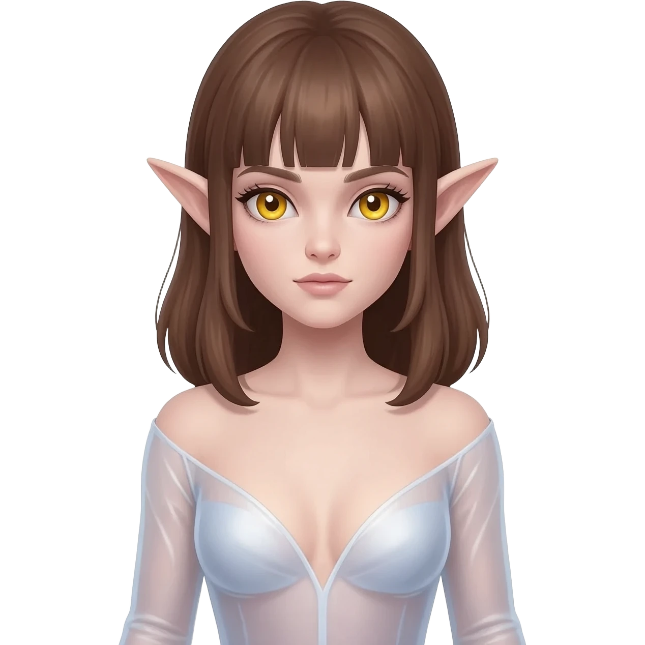 Hyperrealistic cosmos elf wizard fairy queen pale skin brown hair with bangs and golden eyes simple low-cut dress with long sleeves glued with see-through emoji