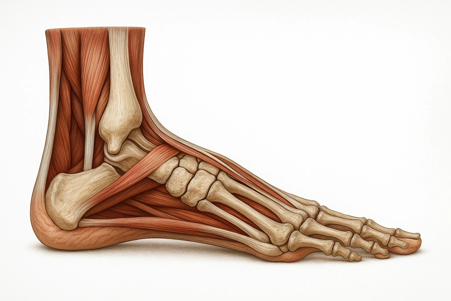 PIEDE UMANO ANATOMICO CON PIANTA PIATTA, VISTO DI PROFILO, CON FASCI MUSCOLARI E OSSA VISIBILI, REALISTICO 4K SFONDO BIANCO emoji