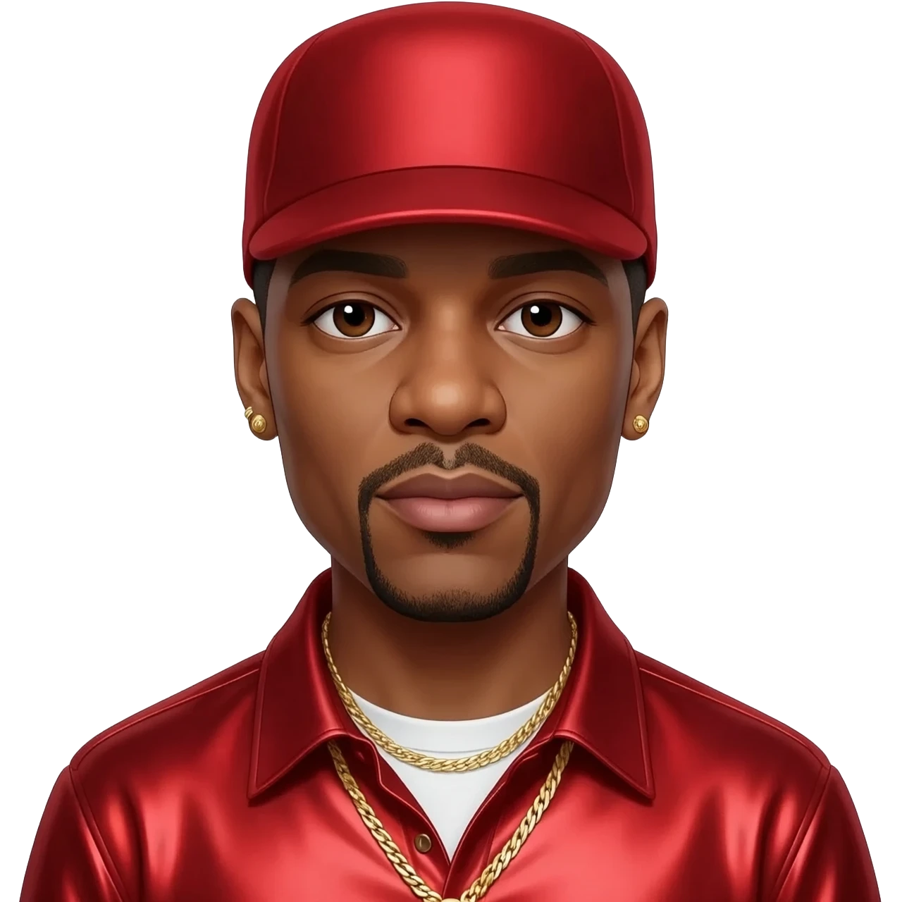 LL Cool J with dark brown eyes, red hat, red metallic shirt, gold necklace and short earrings emoji