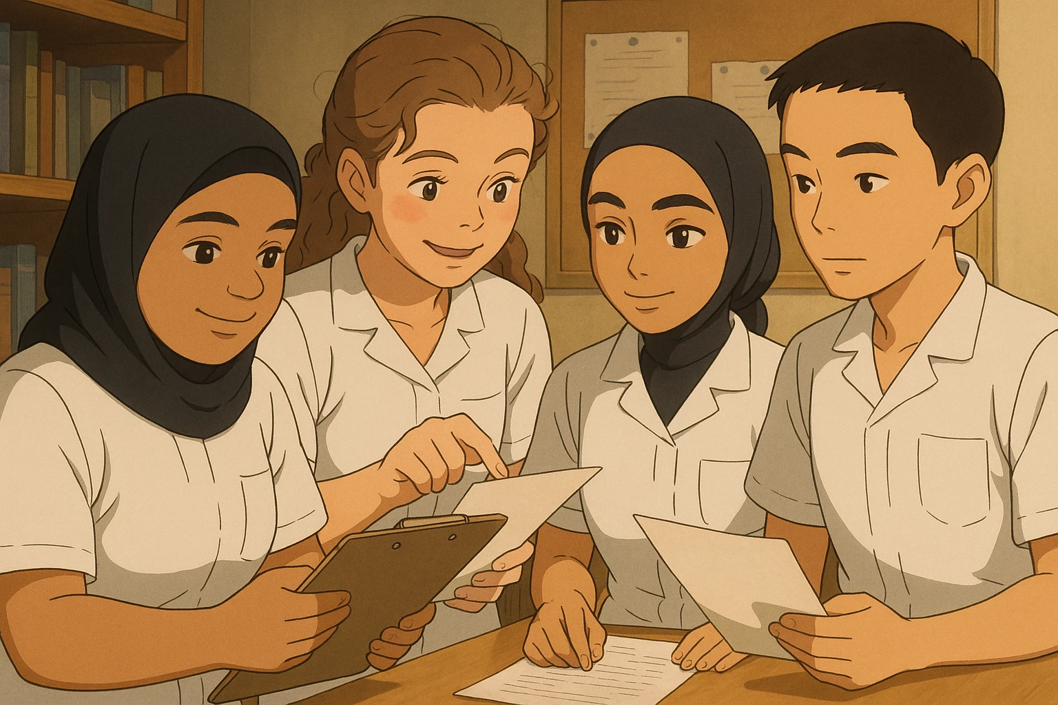 Four nursing students in Ghibli style, inspired by the faces in the photos, discussing and exchanging documents, wearing short-sleeved white uniforms with V-neck medical tunics, left chest pocket, no collar stand, no stethoscopes, bare forearms, long hair tied back for those who have it. Friendly and studious indoor atmosphere. emoji