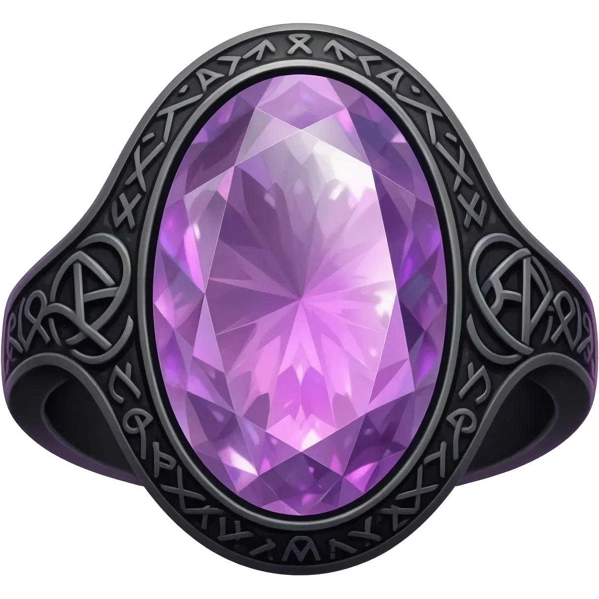 A Obsidian ring, With a glowing Rhodonite crystal in the center, with intricate pagan runes carved into the sides that glow purple emoji