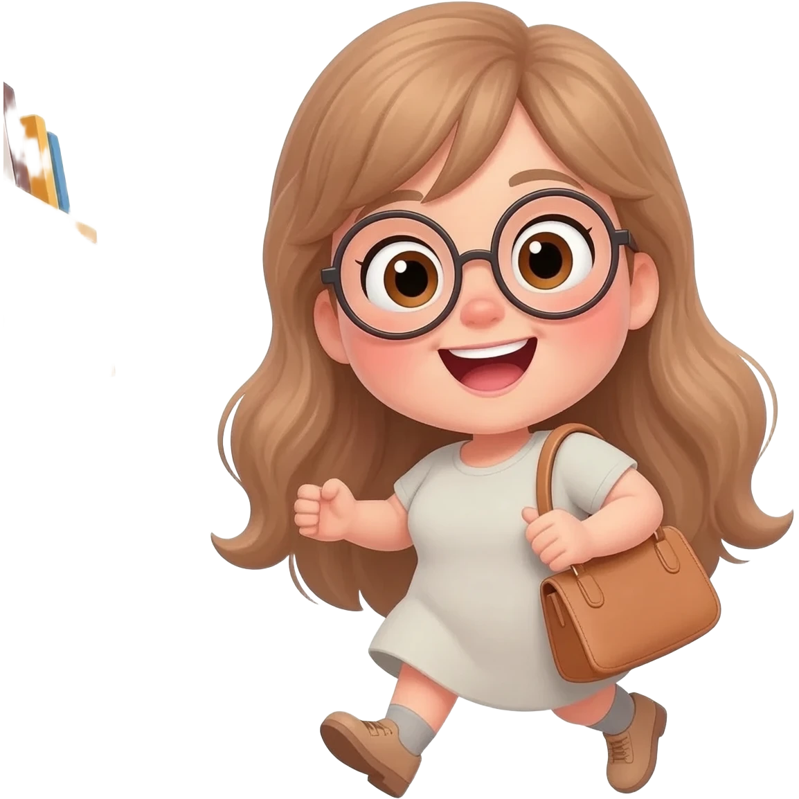 detailed emoji illustration of a curvy woman with long light brown wavy hair, light brown eyes and round glasses walking to a bookstore, carrying a handbag, happy and excited expression, cute emoji style illustration emoji