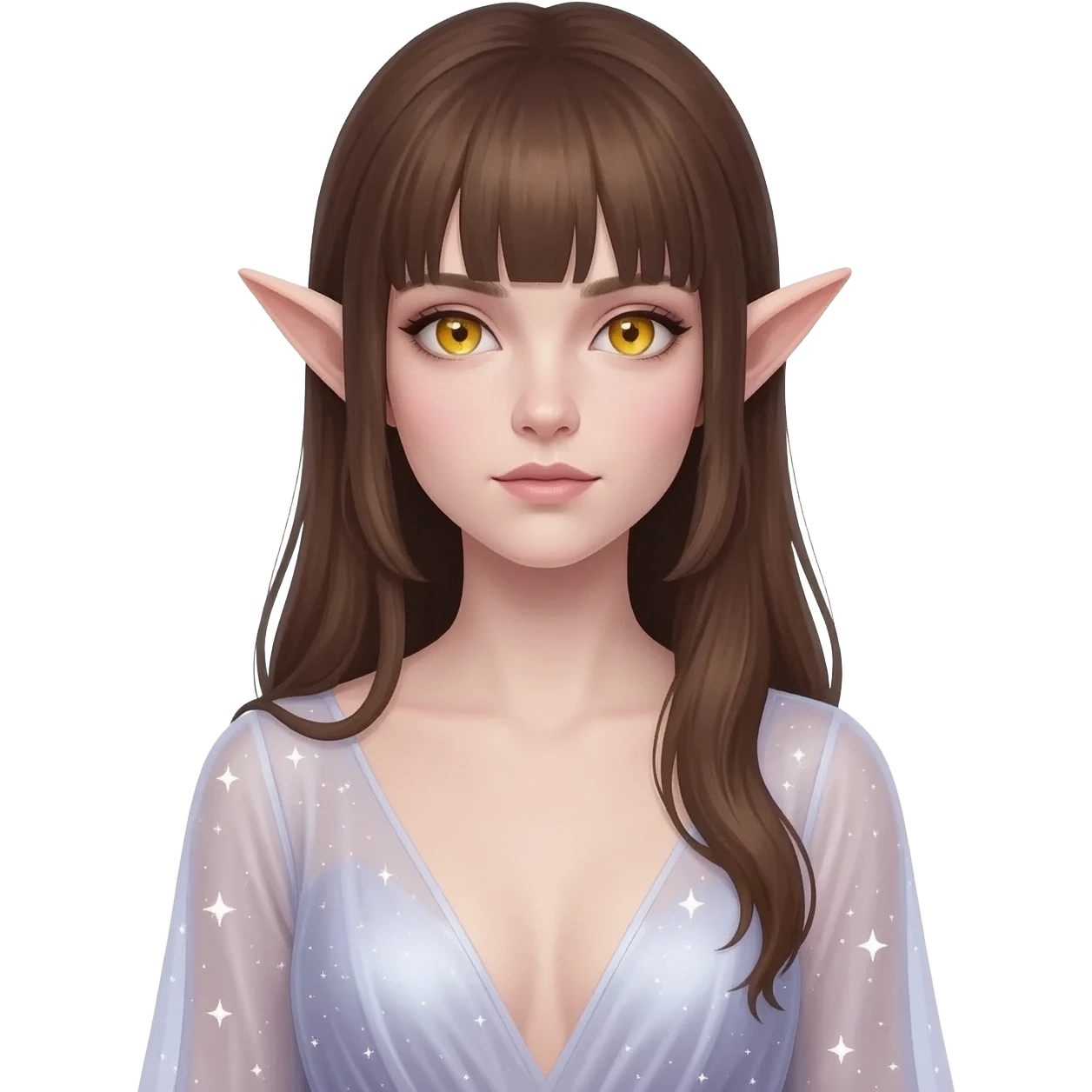 Hyperrealistic cosmos elf wizard fairy queen pale skin brown hair with bangs and golden eyes simple low-cut dress with long sleeves glued with see-through emoji