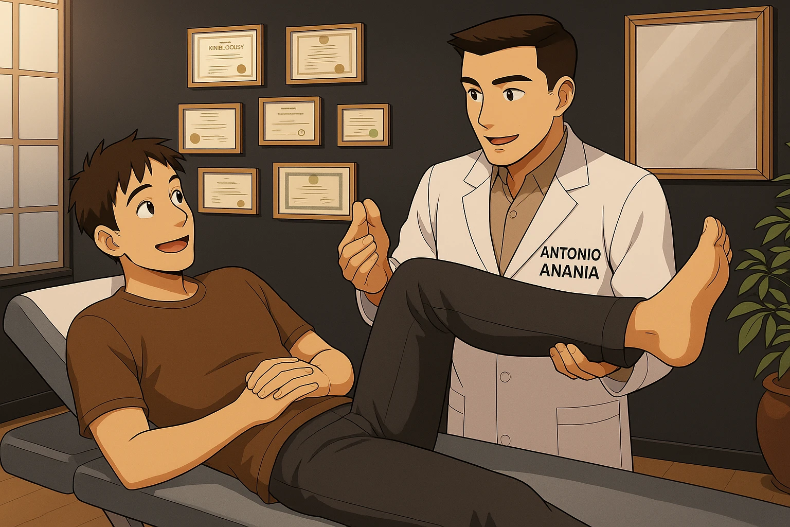 su questo lettino rappresenta un webtoon manga a colori con questo stile, in cui un uomo è steso sul lettino medico e il kinesiologo con il camice bianco (fagli anche la scritta "ANTONIO ANANIA" SUL CAMICE, gli solleva una gamba per fargli il test neuromuscolare, IL KINESIOLOGO SPIEGA ALL'UOMO UNA cosa mentre gli alza la gamba. l'espressione dell'uomo è felice e soddisfatta, non fare i fumetti però, fai solo in modo che sembri stiano parlando emoji
