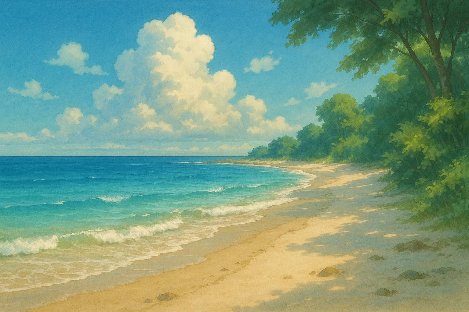 beach, ghibli animation style, dreamy and beautiful, delicate light and shadow emoji