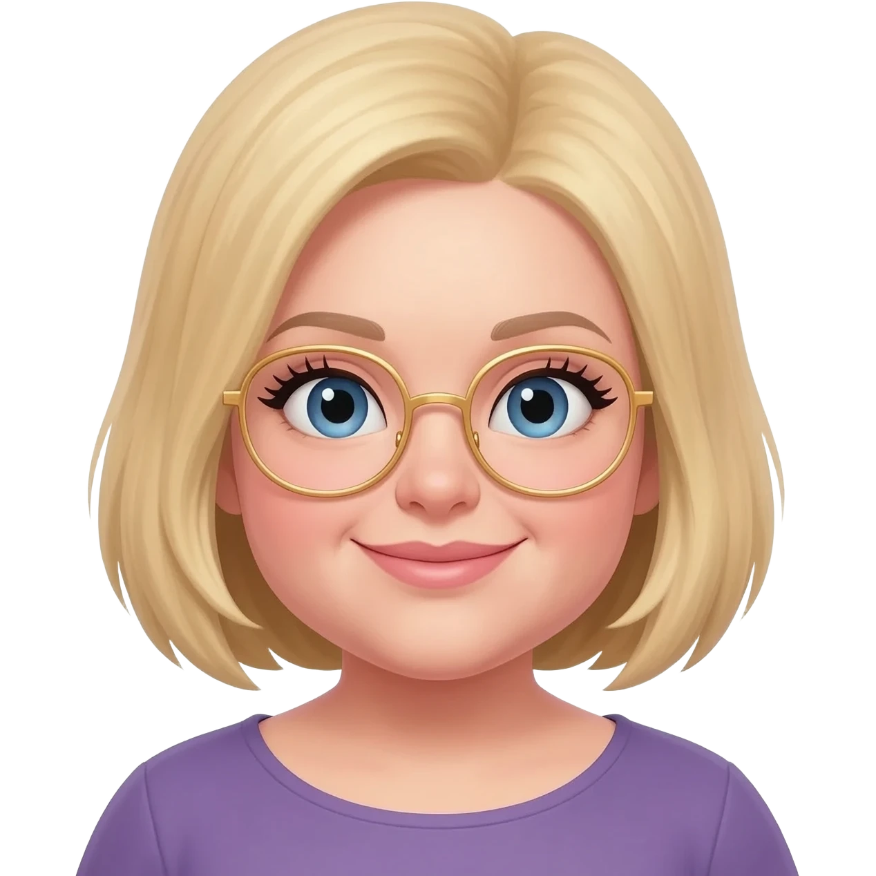 chubby blonde with pixie haircut, gold glasses, blue eyes, big eyelashes, nice smile emoji