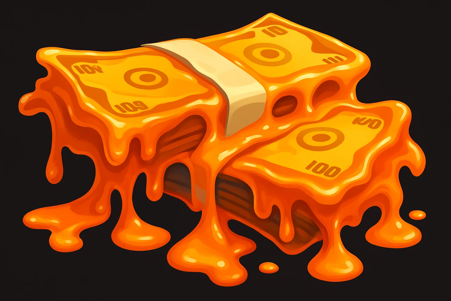 Transform the stacks of money into a scene where the money is flowing like lava, with a molten, liquid effect that is vibrant and dynamic, but still recognizable as money. Keep the style similar to the original image, emphasizing the flowing, molten money effect with rich colors and fluid motion. emoji