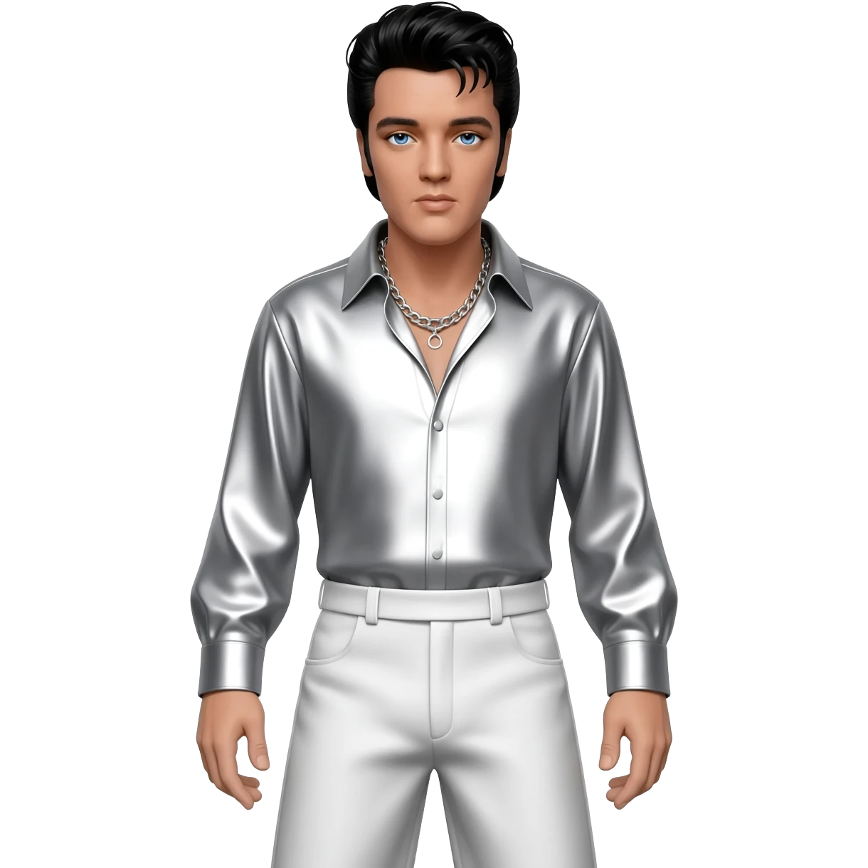 Elvis Presley with blue eyes, black hair, white metallic shirt, white metallic baggy pants, silver necklace emoji