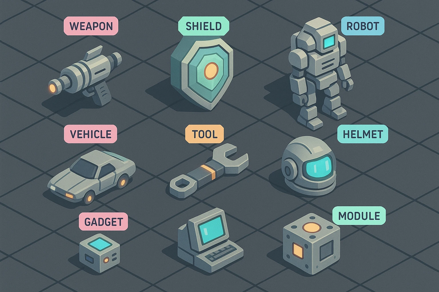 a virtual display, a gray grid with darker gray cells, each cell containing an item viewed in isometric minimalism render The cells have pastel neon colored labels in their upper corner, indicating various traits of the items. retrofuturism, circa 2880's emoji