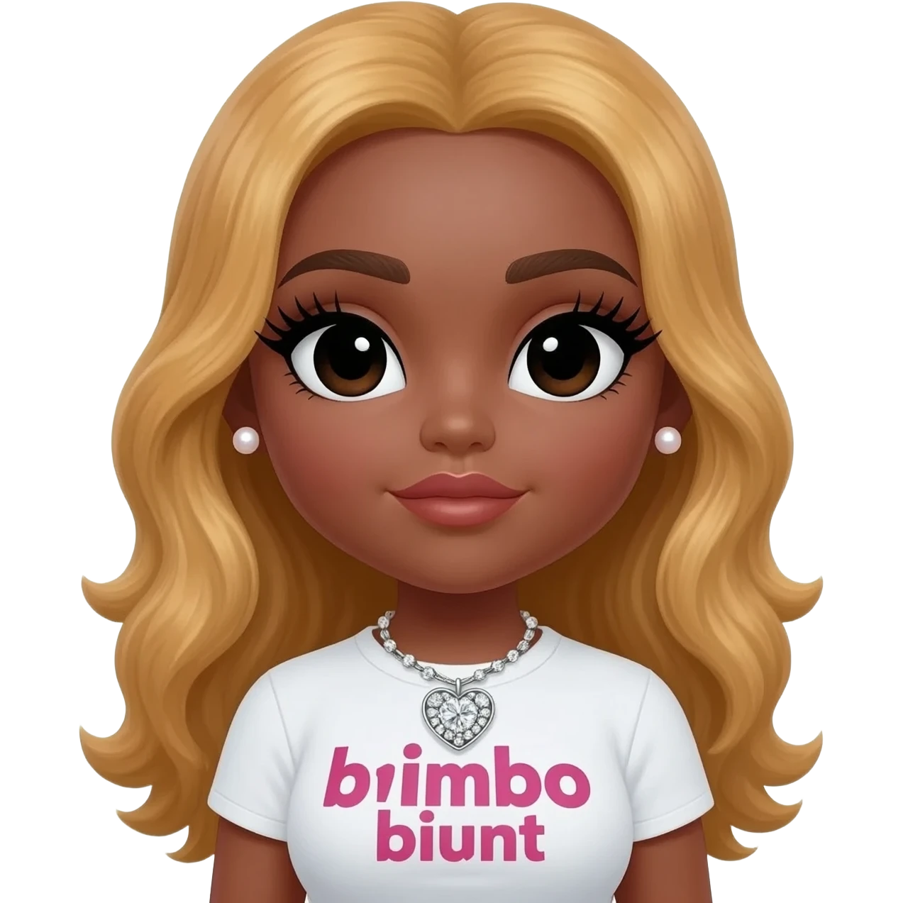 doll body , dark brown eyebrows, dark skin girl, pearl earring stud, Long giant lashes, Doll faced shaped,swarovski heart with Rhodium plated pearls necklace, bimbo, black doll eyes, barbie, dark brown skin, with honey blonde hair, big breast, t shirt says “b1mbo b1unt” emoji