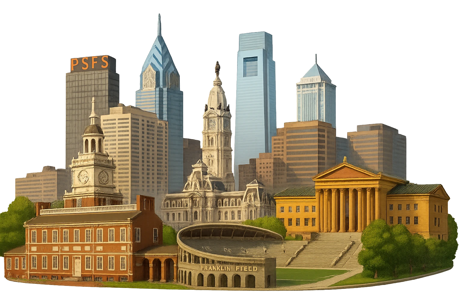 cinematic, realistic emoji of Philadelphia, wide city view featuring only real, iconic landmarks including Independence Hall, Philadelphia Museum of Art with the Rocky Steps, city skyline, City Hall tower, landmark PSFS building, Franklin Field Stadium, lifelike detail, accurate colors, bright daytime lighting, fully transparent background, no sky, no clouds, no imaginary or generic buildings, no giant Liberty Bell emoji