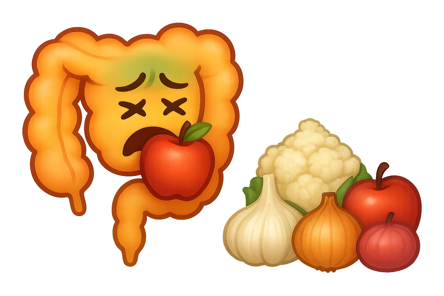 EMOJI STILE IPHONE DI UN INTESTINO UMANO IN CRISI PERCHé STA MALE, IN BOCCA HA UNA MELA E DAVANTI A LUI C'è UNA MONTAGNA DI aglio, cipolle, cavolfiore e mele emoji