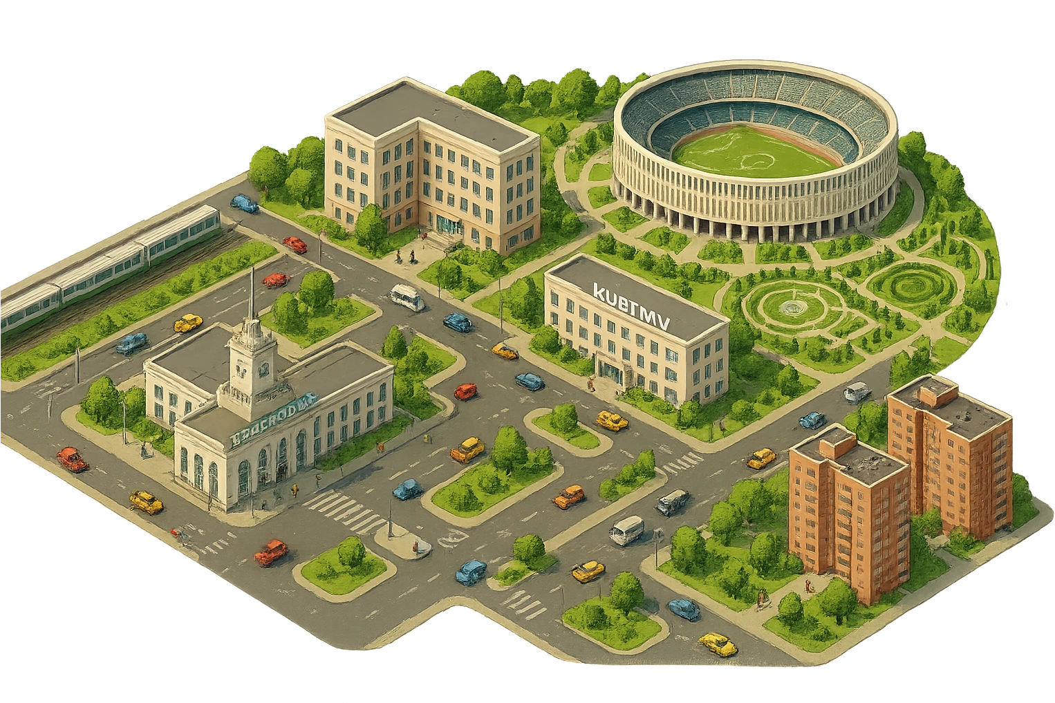 Изометричная миниатюрная фотореалистичная 3D модель панорамы Краснодара - вокзал Краснодар, КубГМУ, парк Краснодар со стадионом, краснодарские дома, автотранспорт четкие линии, яркие цвета, мультяшный реализм, люди, автотранспорт, компактная композиция, вид сверху в изометрии, прозрачный фон emoji