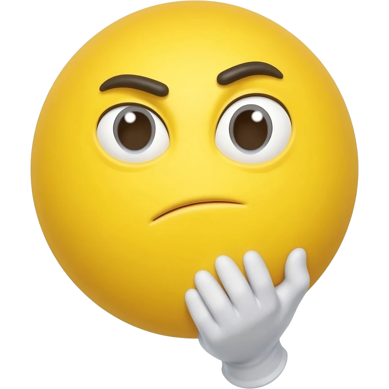 The emoji has a round yellow face with a slightly skeptical expression 
Its eyebrows are raised, and the eyes are looking sideways, which gives the feeling that it’s judging or thinking
One white-gloved hand is placed under its chin, 
The mouth is slightly curved emoji