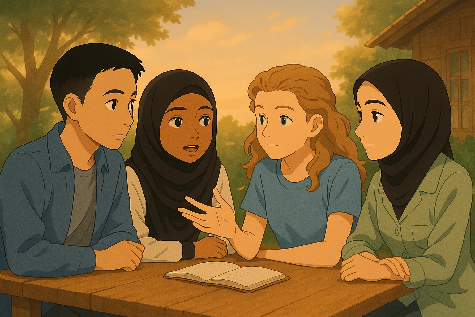 Continuation of the image: The second girl in hijab on the right is speaking, the others are listening attentively, a gentle breeze blowing, warm atmosphere, original faces preserved as much as possible, in Ghibli style, same outdoor setting. emoji