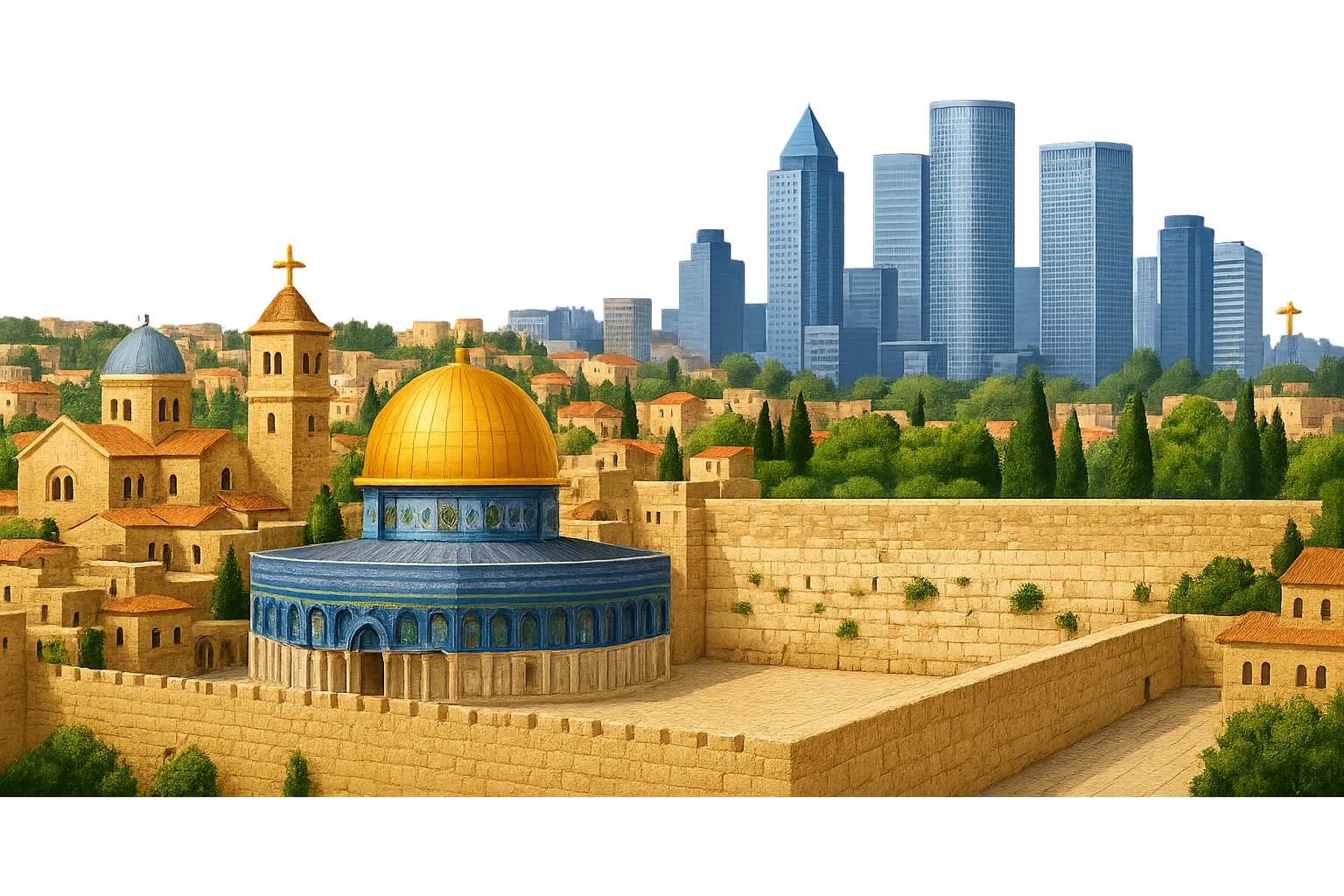 Remove the sky from the Jerusalem and Tel Aviv emoji, keeping everything else exactly the same: wide city view with Dome of the Rock, Western Wall, Church of the Holy Sepulchre, Tel Aviv skyline with Azrieli Center, lifelike detail, accurate colors, bright daytime lighting, fully transparent background, no clouds. Do not change anything else. emoji