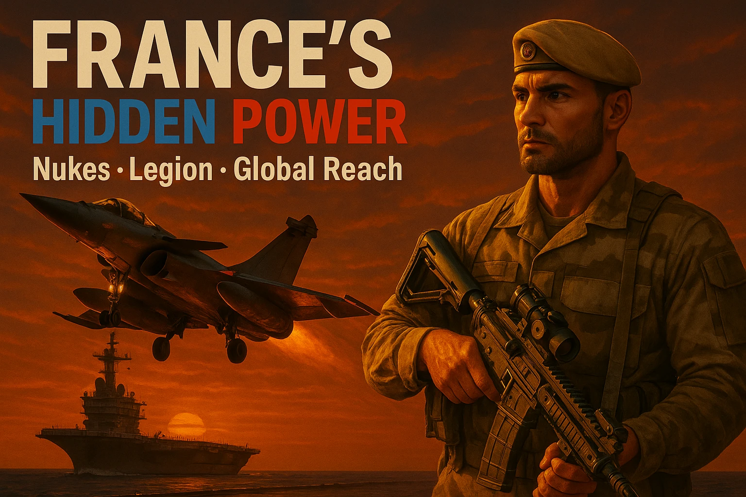 Reformat the image for a YouTube video thumbnail with a 16:9 aspect ratio. Include a bold and readable tricolor headline 'FRANCE’S HIDDEN POWER' and clear subtext 'Nukes • Legion • Global Reach'. Ensure a cinematic dusk scene with a Rafale jet launching from Charles de Gaulle, and a Foreign Legionnaire in desert camo holding a high-tech rifle in the foreground. The style should be epic, high contrast, vibrant colors, optimized for YouTube thumbnail visibility. emoji