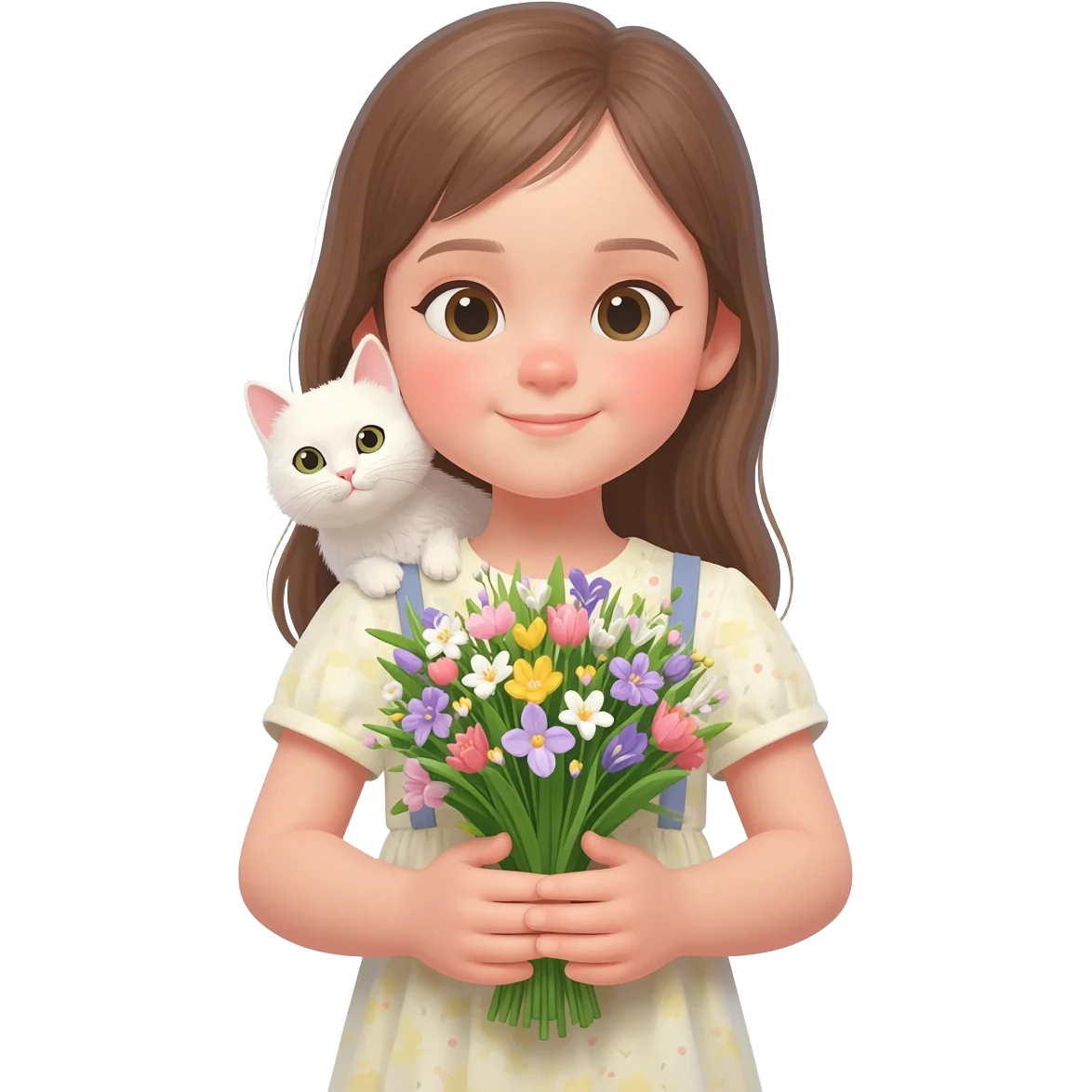 Малко момиче с букет пролетни цветя и малко бяло коте emoji