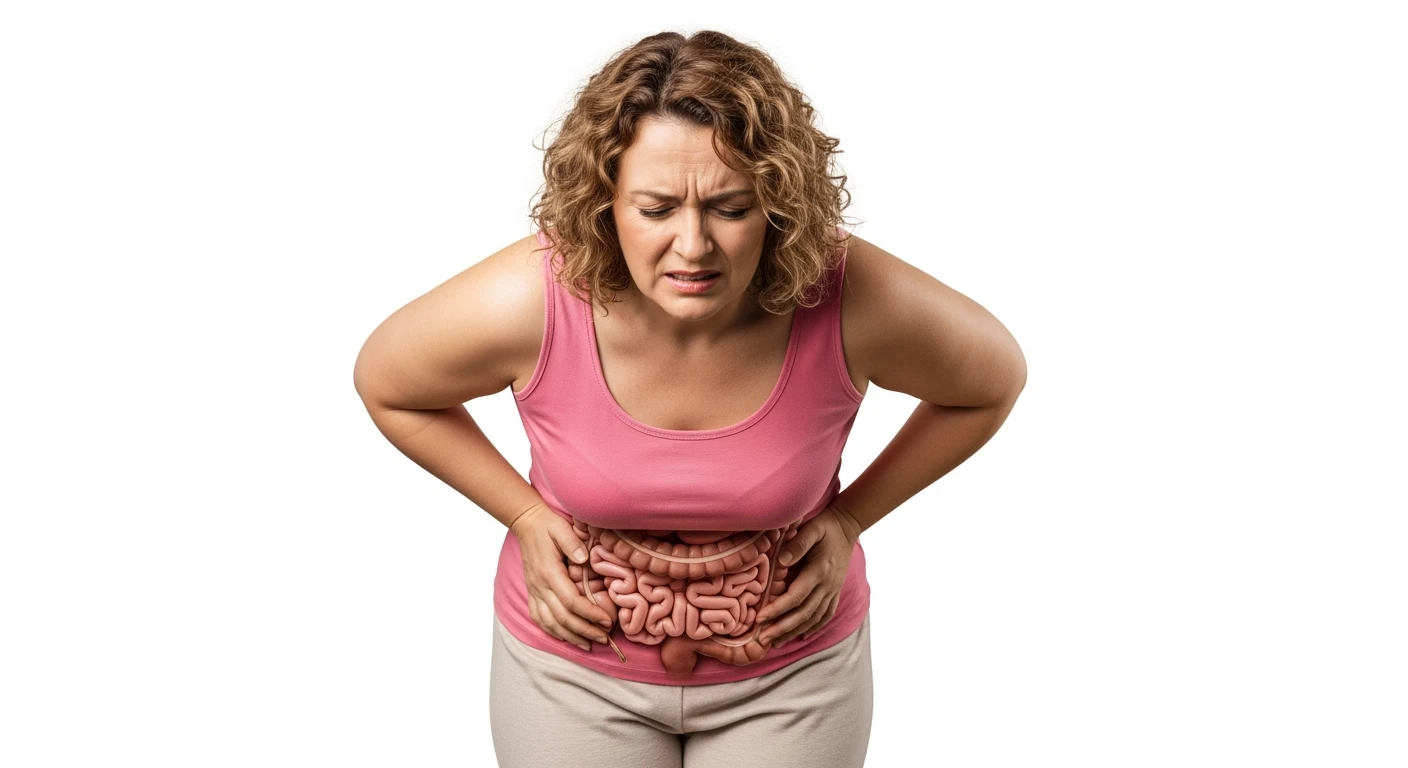 DONNA LEGGERMENTE SOVRAPPESO PIEGATA IN AVANTI FRONTALMENTE CON INTESTINO ANATOMICO IN EVIDENZA, MAL DI PANCIA iperrealistico 4k, ISOLATA SU SFONDO BIANCO emoji