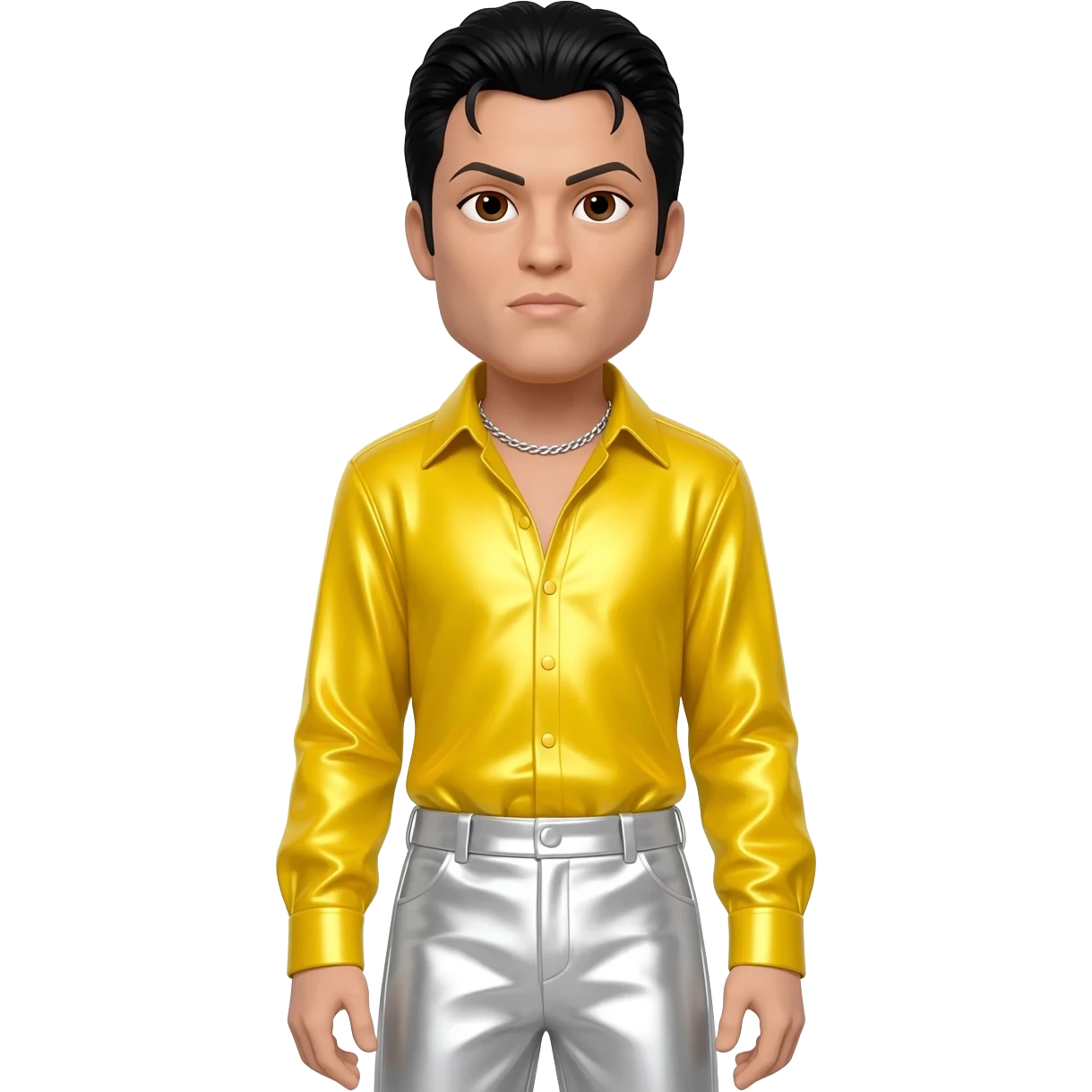 Freddie Mercury with brown eyes, black hair, yellow metallic shirt, white metallic baggy pants, silver necklace emoji