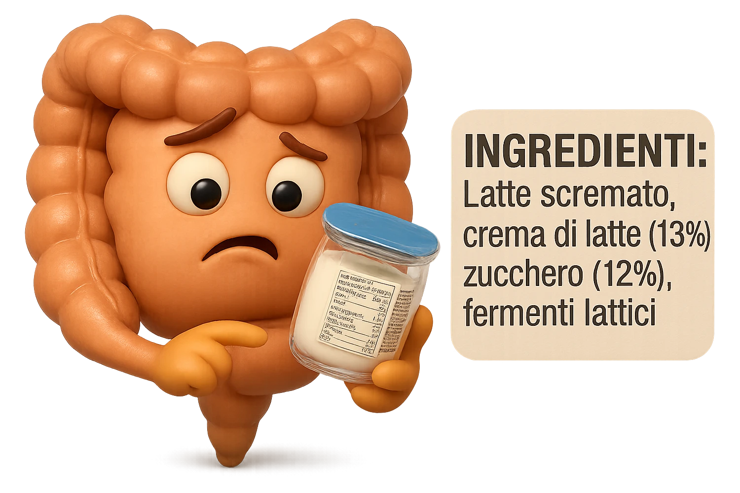 SU QUESTO STILE FAI UN EMOJI STILE IPHONE 3D DI UN INTESTINO CHE HA IN MANO UN BARATTOLO DI YOGURT CONFEZIONATO DA SUPERMERCATO E LEGGE L'ETICHETTA NUTRIZIONALE CON GLI INGREDIENTI IN ITALIANO, ACCANTO ALLO YOGURT CHE HA IN MANO C'è UN FOCUS SULL'ETICHETTA CON GLI INGREDIENTI SCRITTI, FAGLI UN ESPRESSIONE CONFUSA MENTRE LEGGE E FALLO MOLTO REALISTICO IN 3D emoji