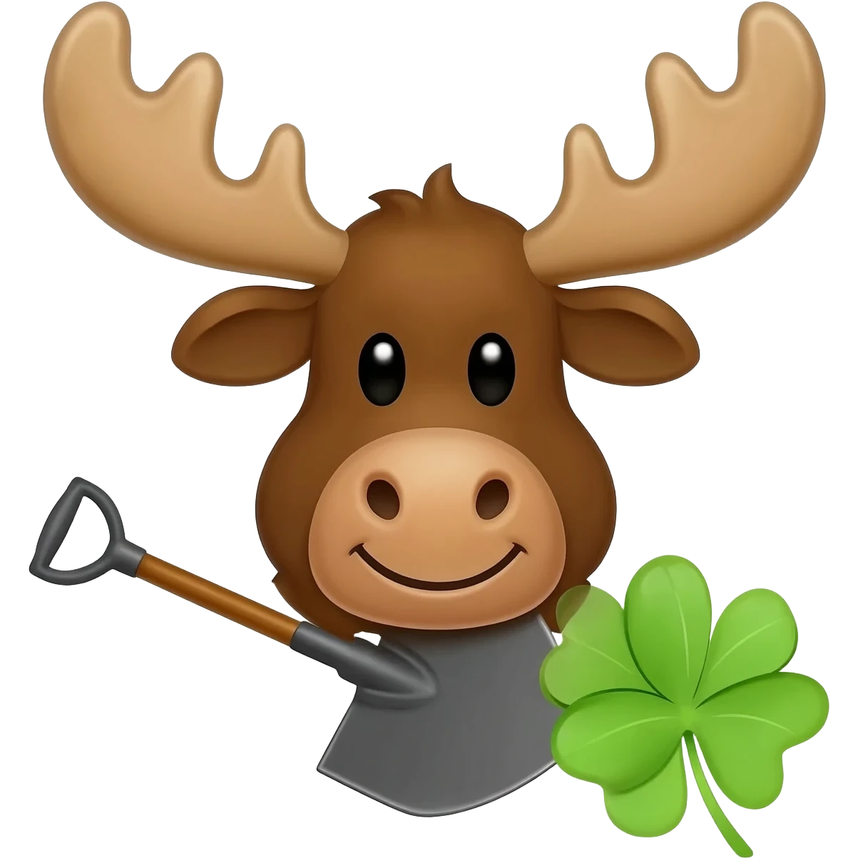 Fröhlicher elchkopf mit schaufeln und mit einem Glücksklee neben dran emoji