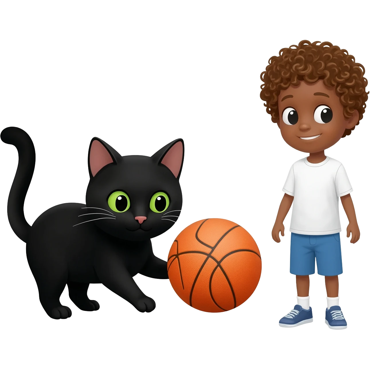 Black cat playing with orange basketball and a little white boy with curly hair emoji