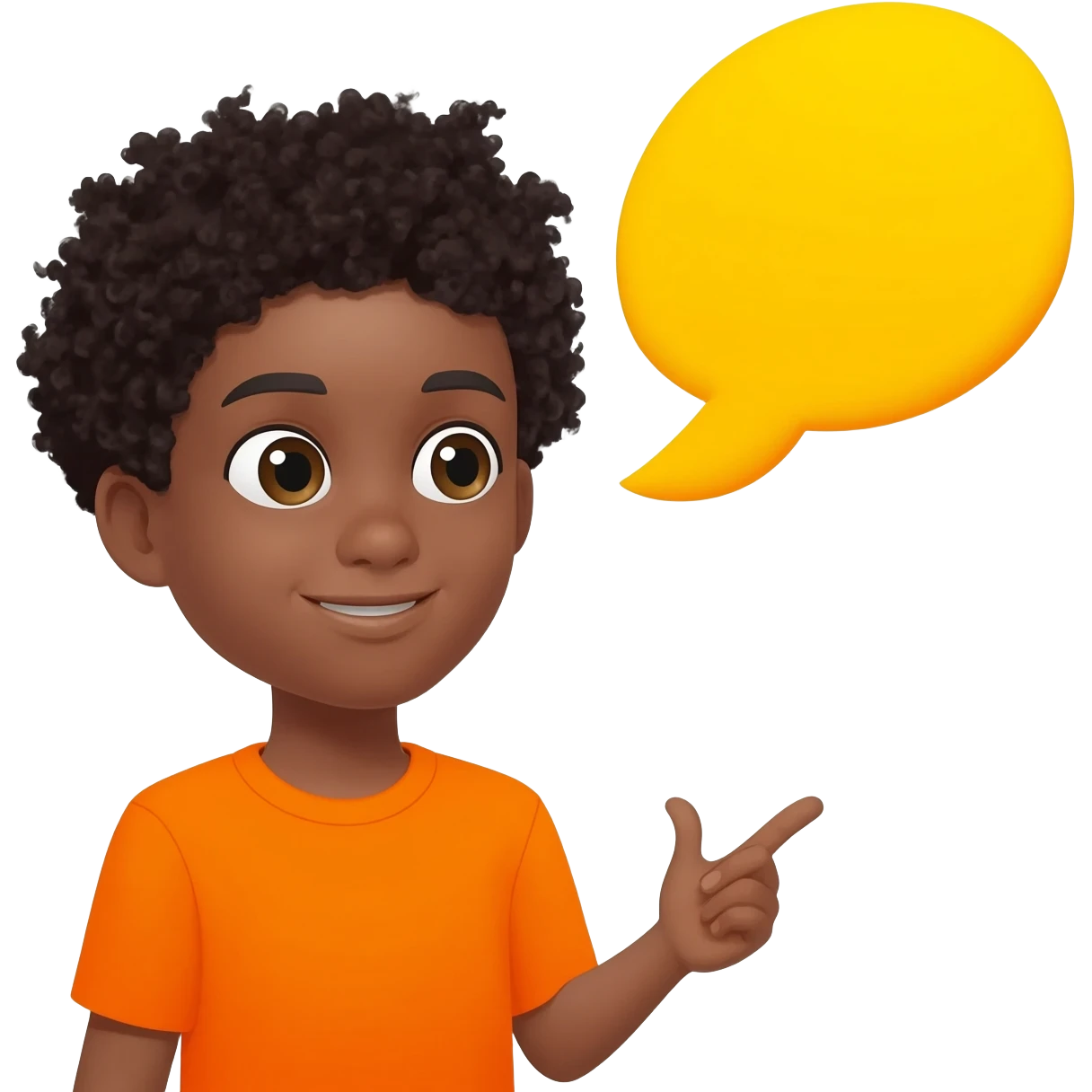 black boy curly hair orange shirt talking talk bubble emoji