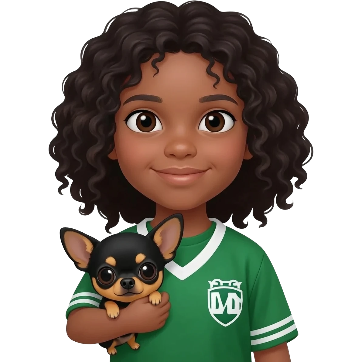 Une fille. Cheveux bouclée. Porte à maillot. Vert. Avec un chihuahua noir marron poil courut c'est une fille daisy et pour finir par apprend dans les brastous les 2. Avec sa maîtresse avec. Et moi mmatichienne emoji