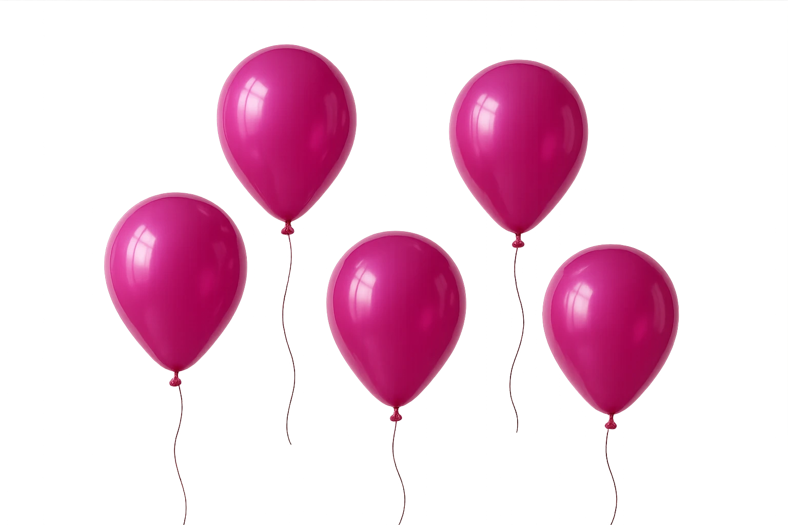 5 palloncini magenta fluttuano in aria isolati su sfondo bianco, iperrealistico 4k emoji