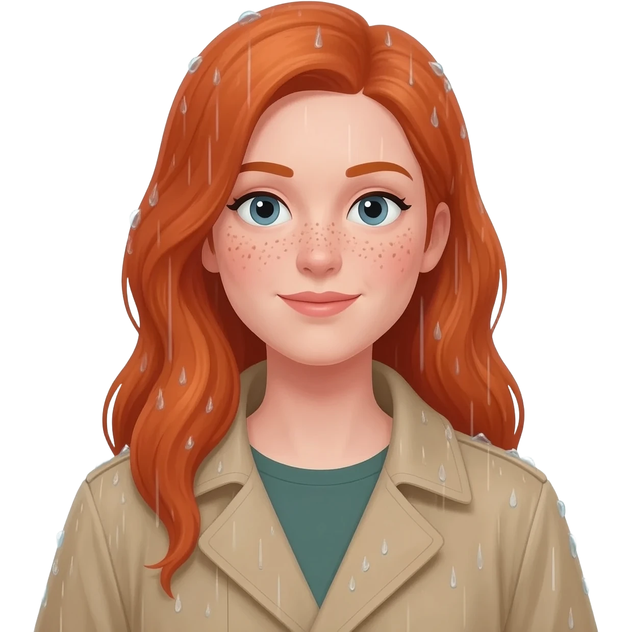 Redheaded women with freckles and fair skin in a raincoat with rain coming down emoji