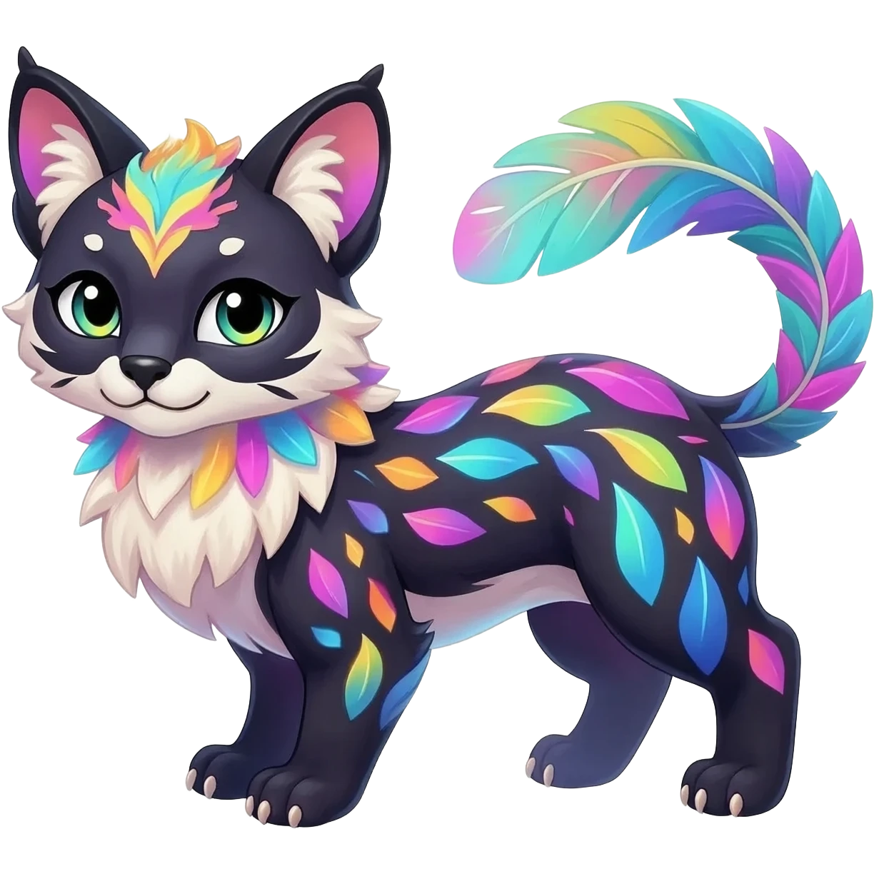 Colorful dark tropical feathery tribal pale light fruity pastel white glorious iridescent divine exotic cute cool beautiful beautiful fantasy-caracal-civet-genet-sergal-vernid-Gryphon-Cacomistle-Trico-oncilla-animal-Fakémon-hybrid-fursona (full body) emoji