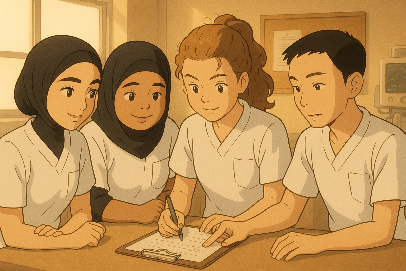 Four nursing students in Ghibli style, collaborating and interacting indoors. Wearing short-sleeved white uniforms with V-neck medical tunics, left chest pocket, no collar stand, no stethoscopes, bare forearms, long hair tied back for those who have it. Inspired by the four people in the reference photos. Warm and professional scene. emoji