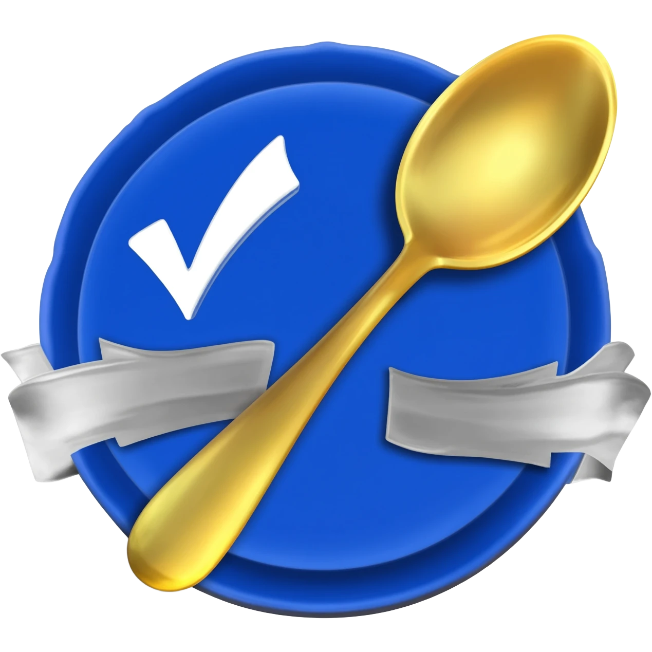 Create a small emoji of a Blue verification badge with ribbons, gold spoon centered on badge emoji