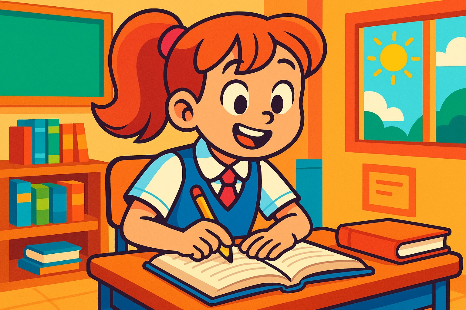school girl in uniform studying, vibrant classroom background, expressive, modern cartoon style emoji