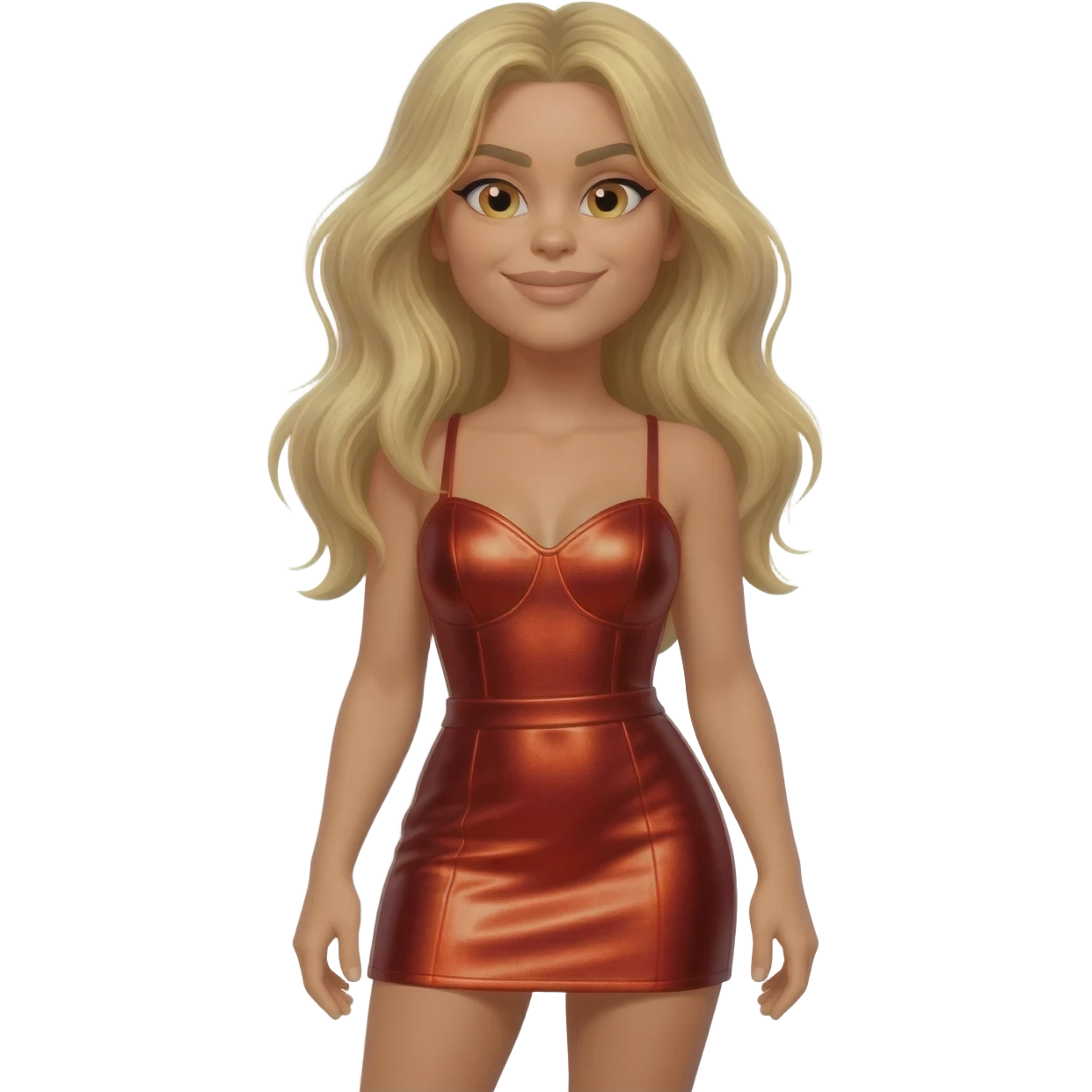 Lele Pons with light skin, long blonde hair, red metallic short dress emoji