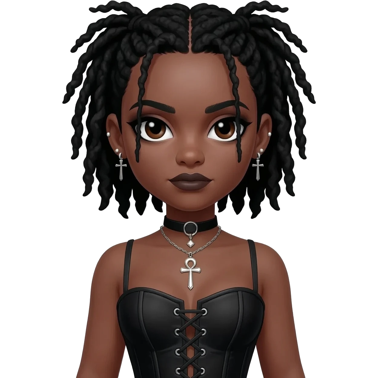 goth black girl with black corset, with brown skin, cross earrings, ankh necklace with center parted short black dreadlocks, whole white face paint emoji