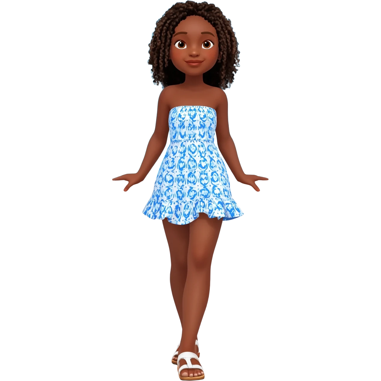 Dark-skinned Black girl with glowing skin and curly braided hairstyle, wearing a strapless blue and white patterned summer dress with a ruffled skirt and white sandals, standing against a white terrace wall soft blue sky, warm vacation vibe. emoji