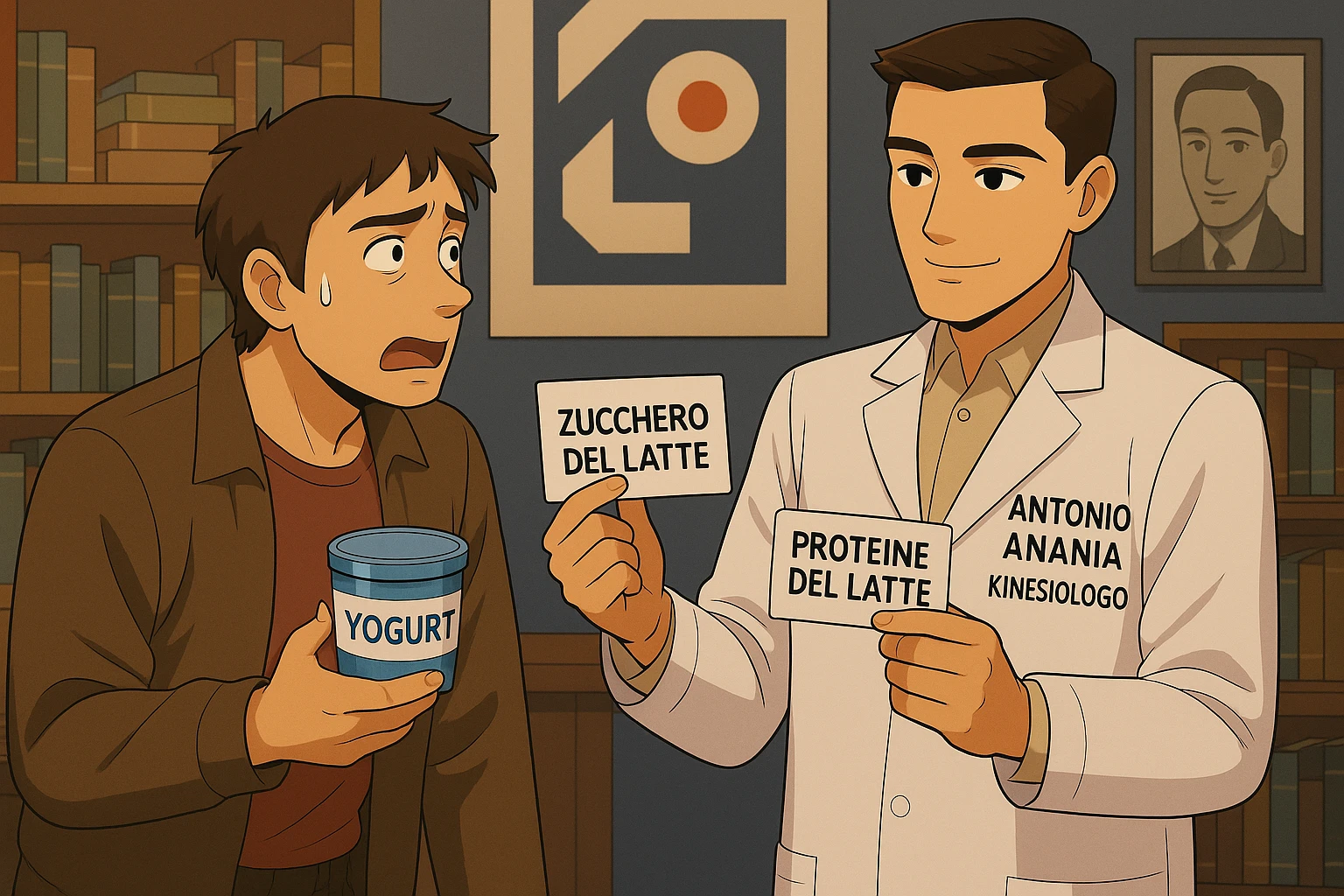 fai un webtoon manga a colori con questo stile, in cui un uomo fa una domanda al kinesiologo con il camice bianco (fagli anche la scritta "ANTONIO ANANIA" SUL CAMICE, l'uomo chiede una cosa mostrando un formaggio e uno yogurt al kinesiologo con il camice, IL KINESIOLOGO annuisce e SPIEGA ALL'UOMO UNA cos. L'UOMO ha un ESPRESSIONE CONFUSA IN VOLTO. non fare i fumetti però, fai solo in modo che sembri stiano parlando emoji