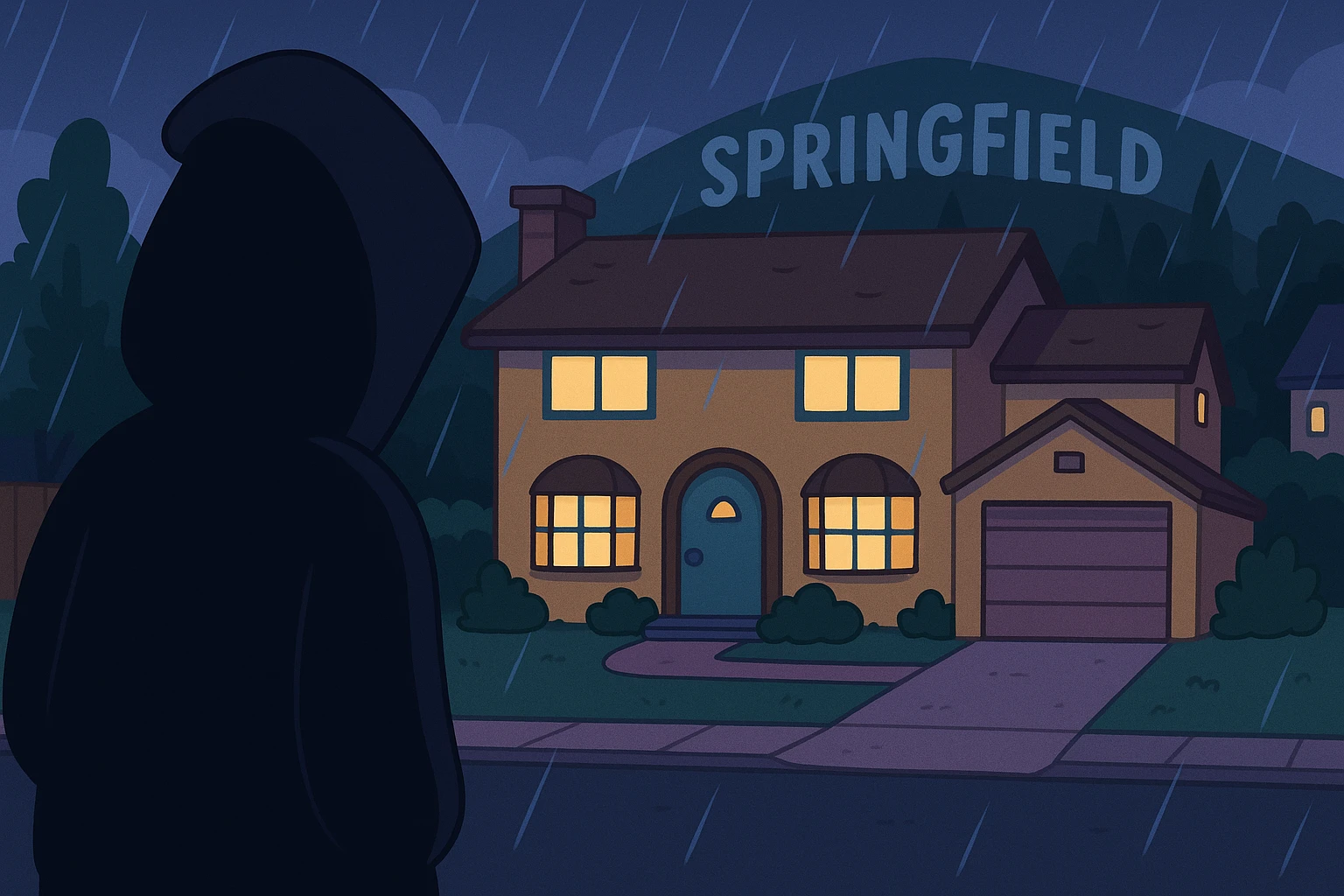 Springfield sous la pluie, la nuit. Une silhouette encapuchonnée observe la maison des Simpson. emoji