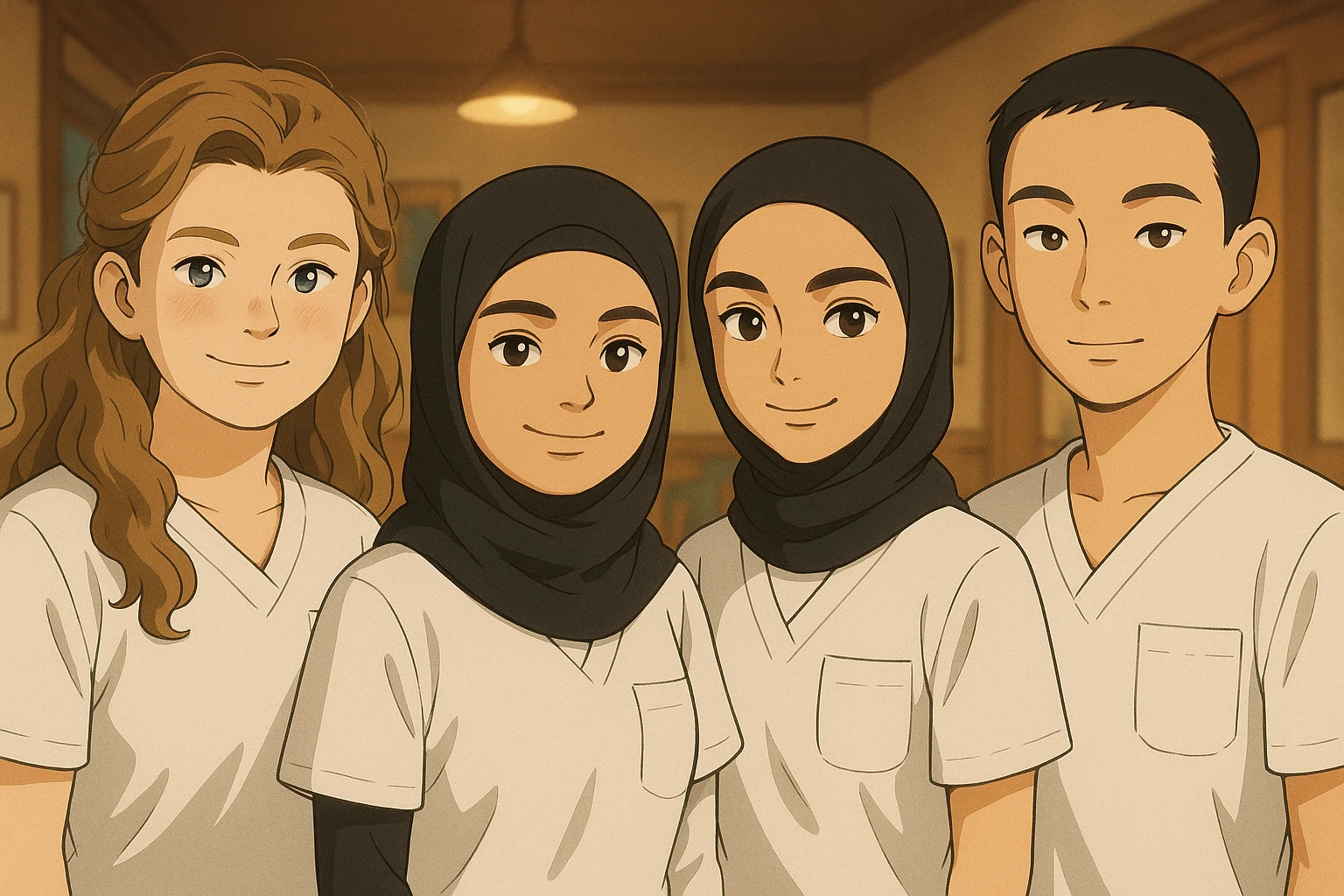 Variante 4 : Quatre étudiants infirmiers côte à côte, ambiance chaleureuse, en intérieur, style Ghibli, tenues uniformes blanches à manches courtes sans col, sans sous-pull ni stéthoscopes. Hauts de type tunique médicale, col en V, poche poitrine côté gauche. Visages et attitudes inspirés des quatre photos jointes, composition différente. emoji