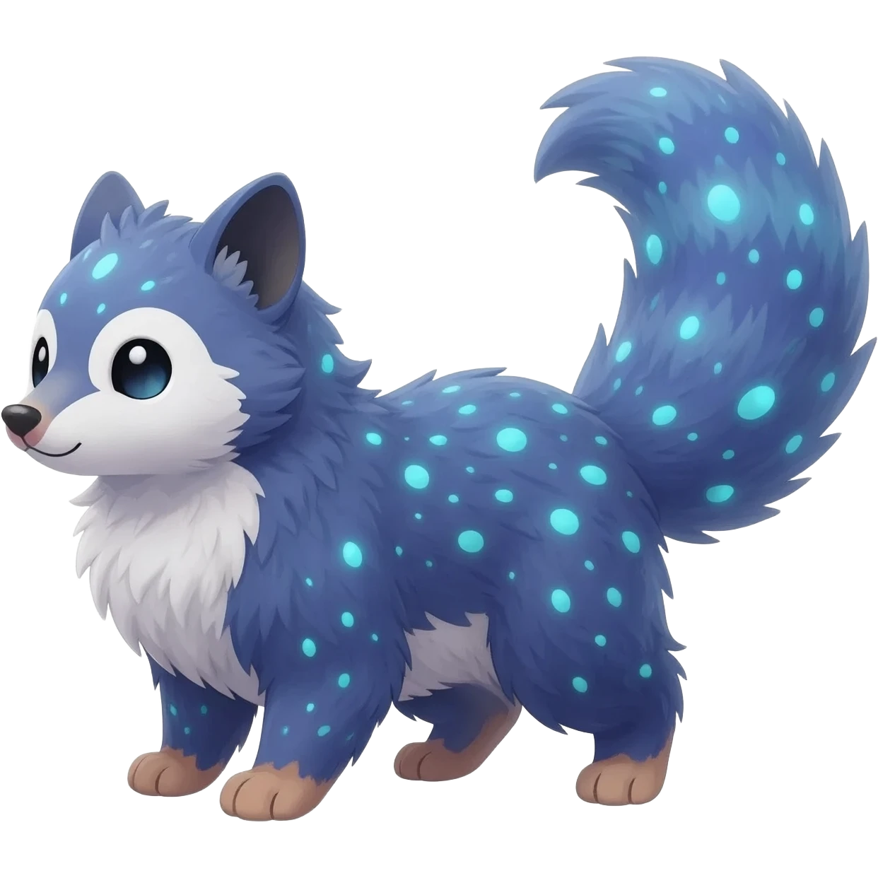 Hyper realistic  indigo fur seeded with bioluminescent speckles beautiful elegant pretty precious cute  Fakémon-Pokémon-opossum-feline-serval-caracal-chinchilla-Furret-Minccino-hybrid-creature with a big fluffy bushy tail (full body) emoji