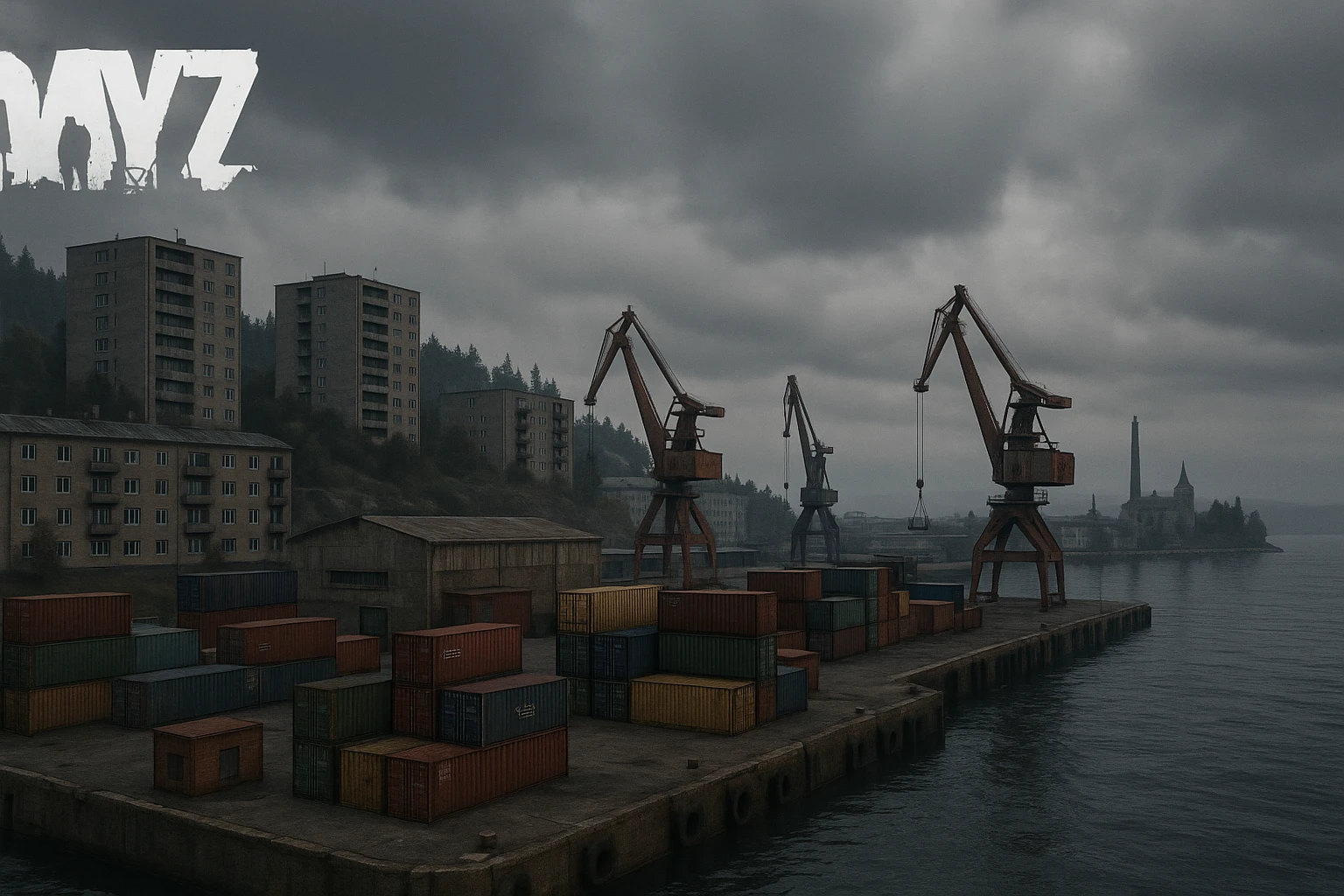 a screenshot of the game DayZ videogame, the harbor in a Scandinavian port town, industrial harbor at apartment blocks emoji
