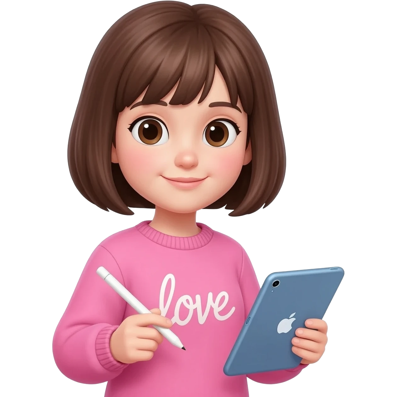 Crée moi une fille avec un coupe carré brun lisse avec un pull rose  écrit dessus love et un iPad bleu en main et un Apple Pencil blanc emoji
