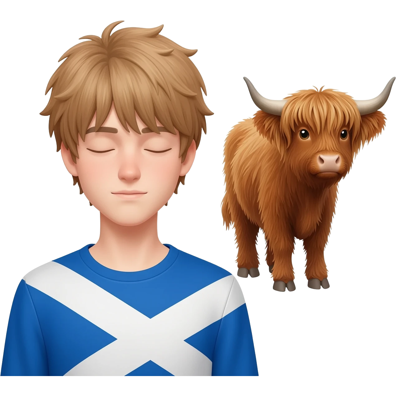 femboy with messy light brown bangs covering the eyes with scottish flag on his shoulders pets a cute highland cow emoji