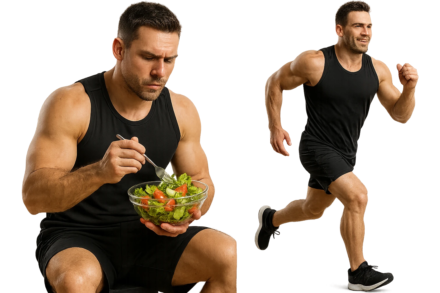uomo fitness che mangia insalata accanto a uomo identico esteticamente che corre, iperrealistici 4k emoji